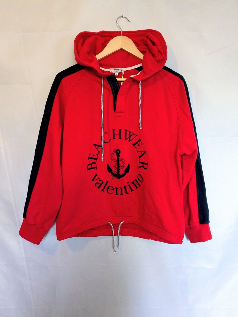 Vintage Valentino Beachwear Embroidered Hoodie Anchor Spellout Cotton Sweatshirt